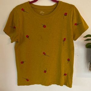 JCrew Mustard And Embroidered Pink Roses T-Shirt
